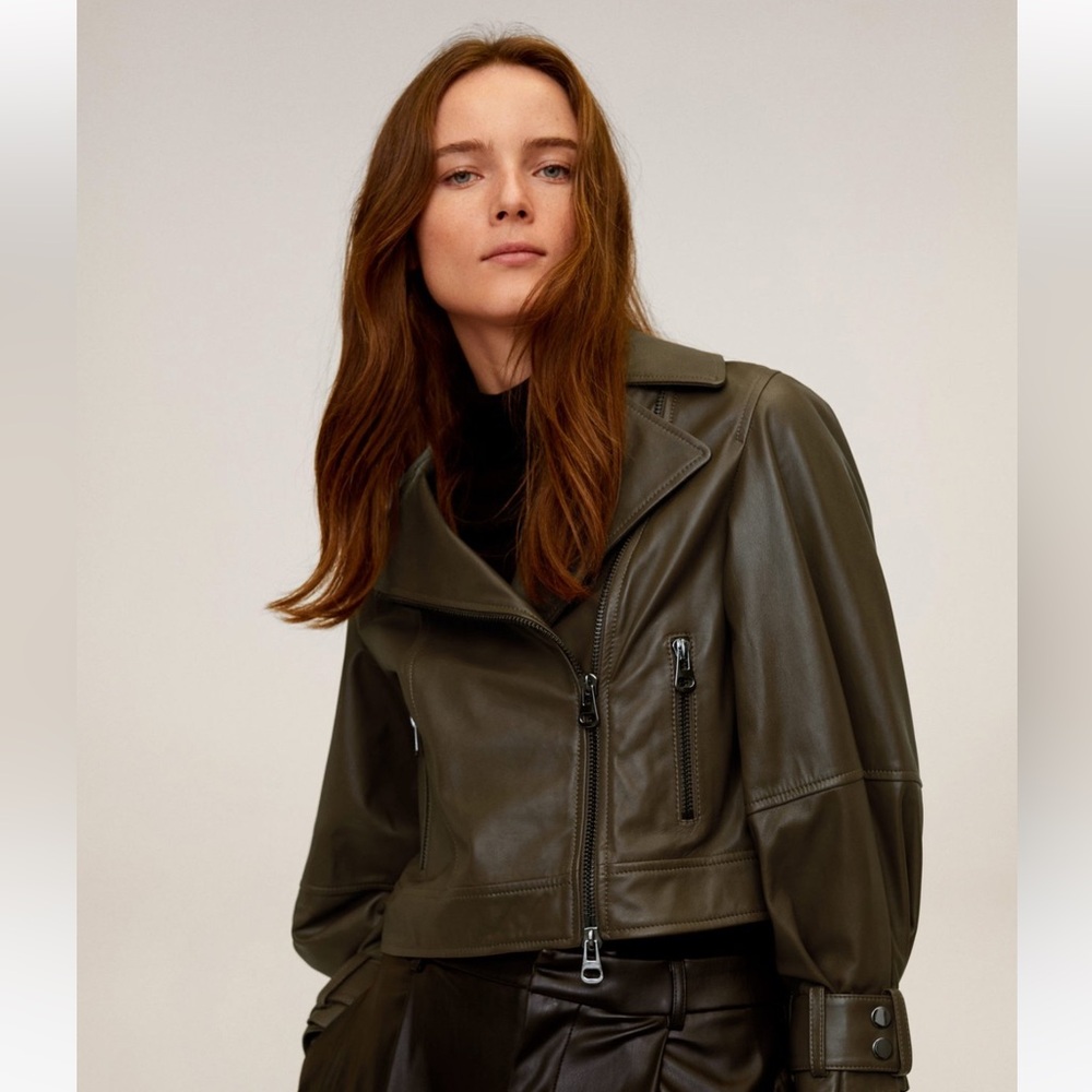 MANGO Olive Green Leather Jacket